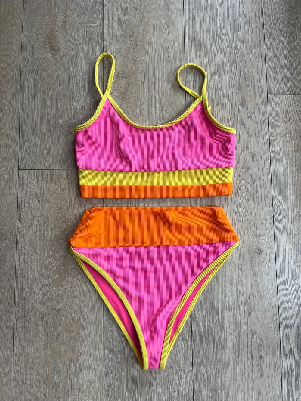 Beach Riot Pink, Orange & Yellow Colorblock Ribbed Bikini Set